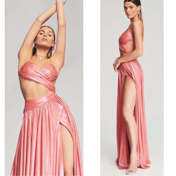 Retrofete Aglaia Cutout Ruched Metallic Lame Calypso Coral Maxi Dress Size Small - Picture 5 of 11